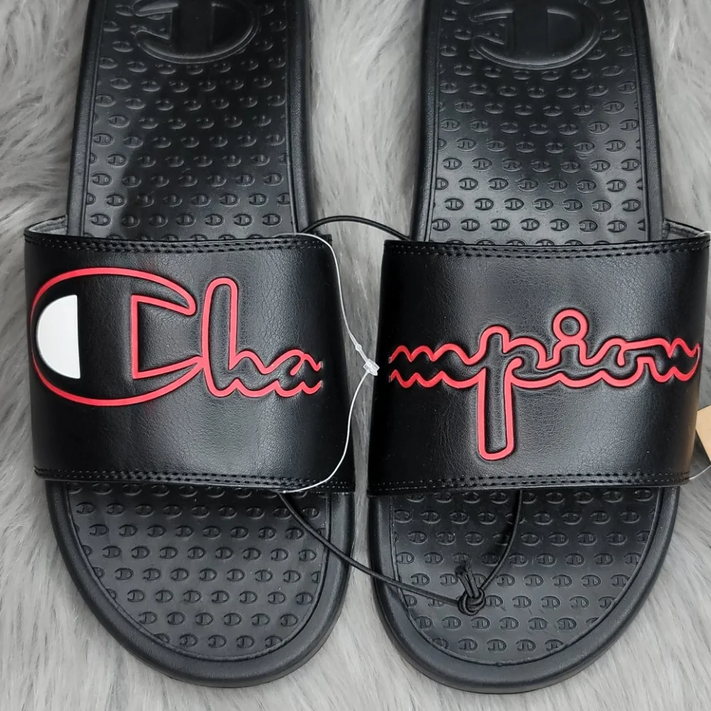 Champion Super Slide Split Script Logo Black Red Sandals